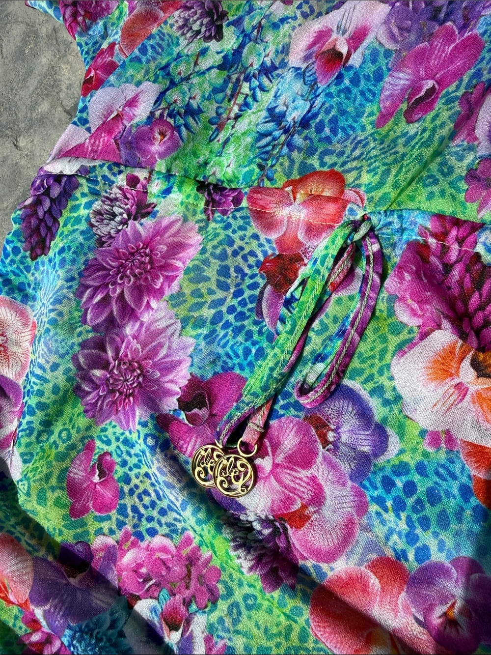 Luli Fama size SM coverup. Vibrant Floral Tunic Dress in Aqua & Purple - Picture 7 of 9
